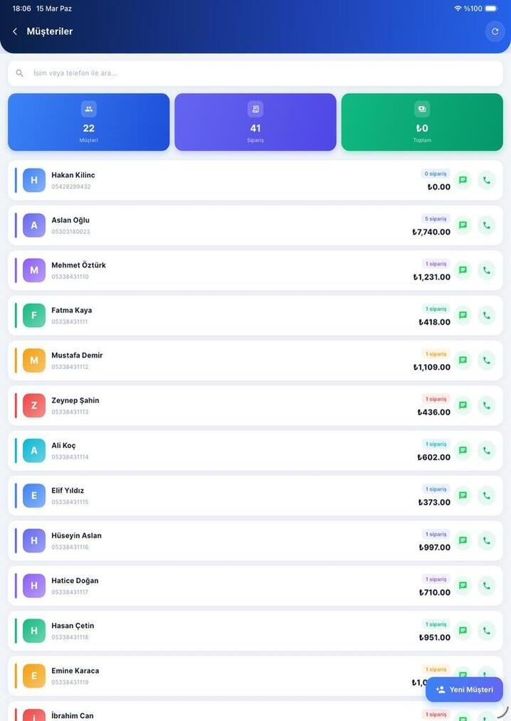 MisPaQ Halı Takip Tablet Uygulaması - Sipariş ve Müşteri Yönetimi Ekranı 2
